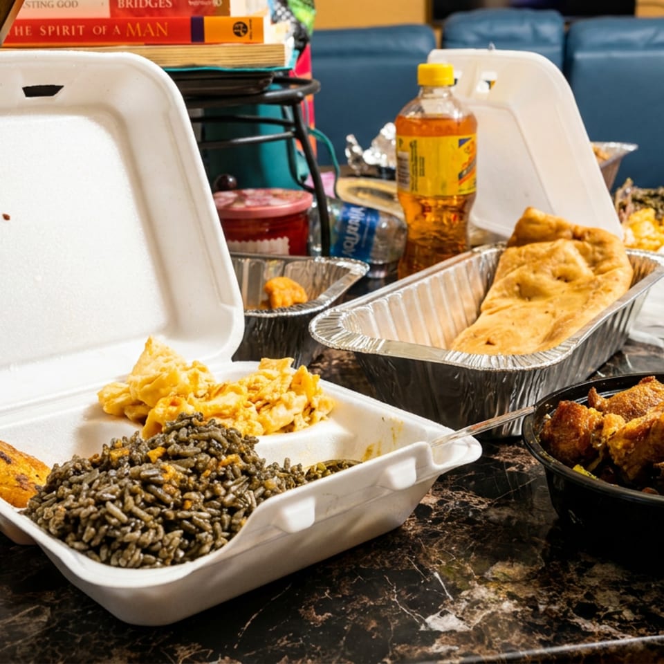 Assorted takeout dishes, including rice, fried plantains, chicken, flatbread, macaroni and cheese, sit on a table with bottled drinks.