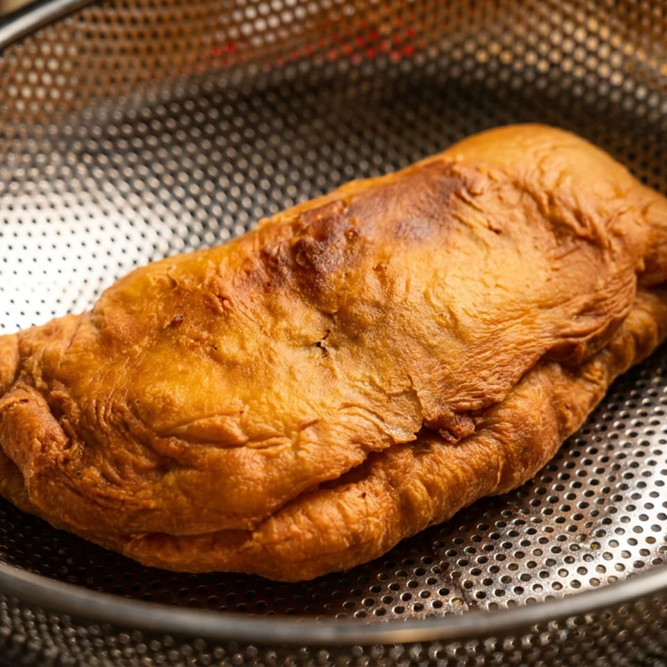 Golden-brown fried pastry resting in a perforated metal colander.