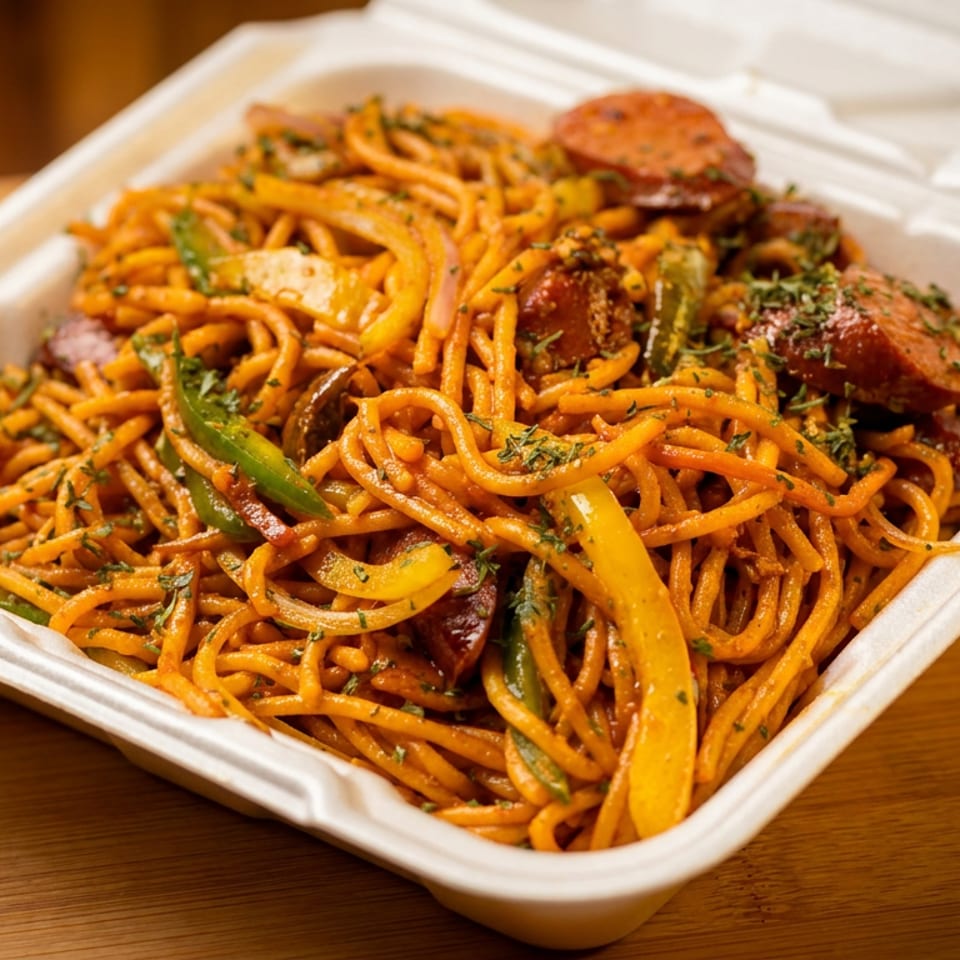 Takeout container filled with saucy noodles, sliced sausage, bell peppers, onions, and herbs on a wooden table.