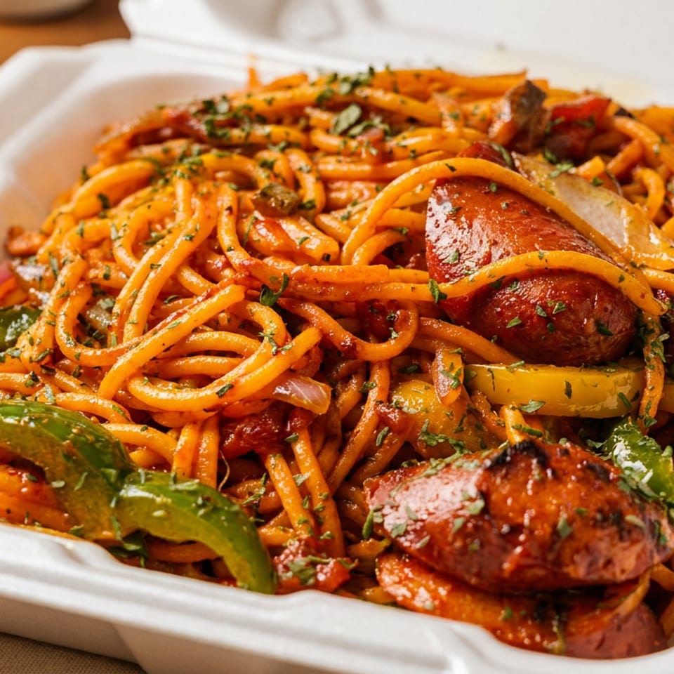 Takeout container filled with saucy spaghetti, sliced sausage, bell peppers, onions, and herbs.