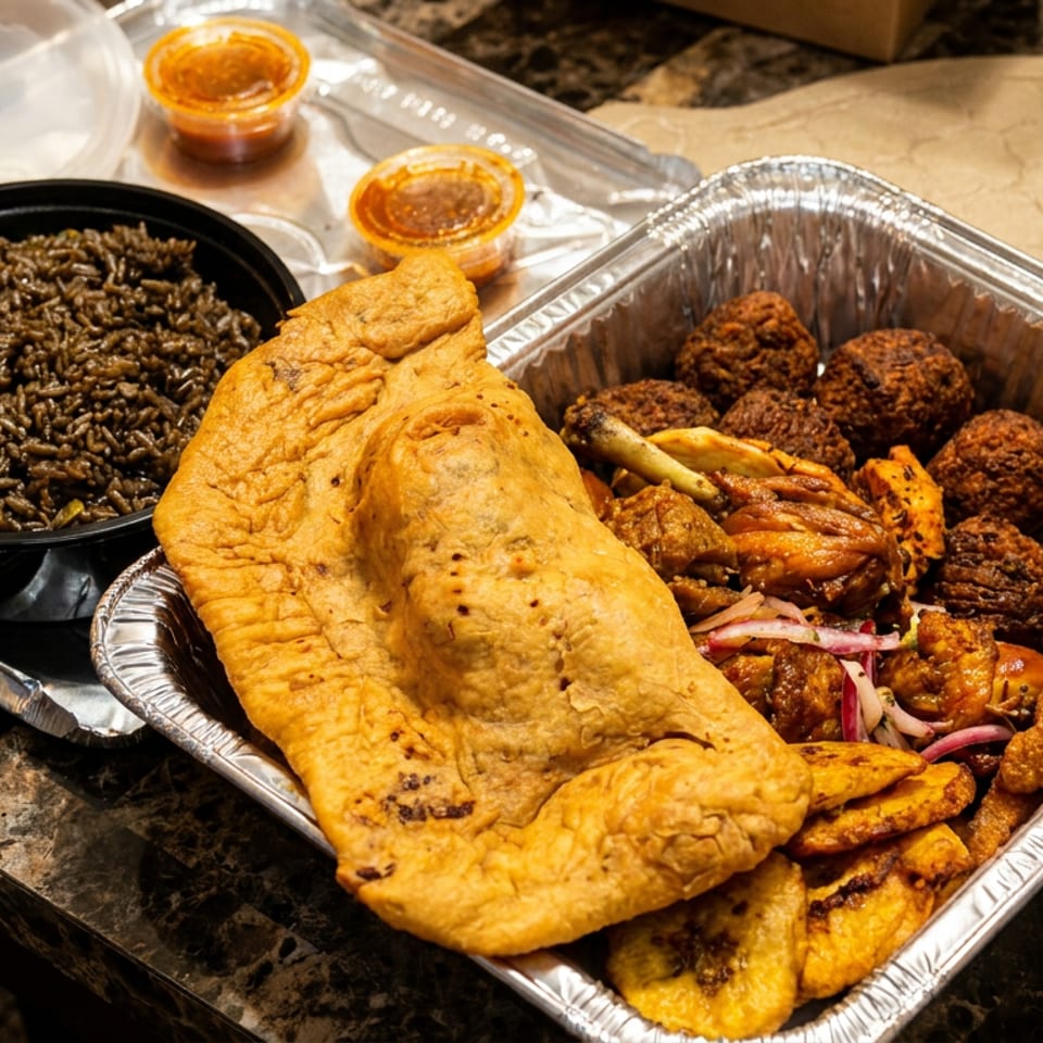 Takeout tray filled with fried chicken, meatballs, plantains, onions, flatbread, dipping sauces, and black rice.