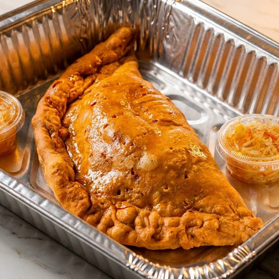 Golden-brown folded pastry sits in a foil tray with two cups of pickled vegetables on a marble countertop.